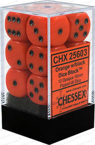 CHX 25603 D6 Dice Opaque 16mm Orange/Black (12 Dice in Display)