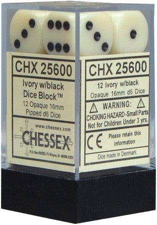CHX 25600 D6 Dice Opaque 16mm Ivory/Black (12 Dice in Display)