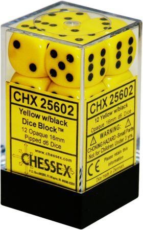 CHX 25602 D6 Dice Opaque 16mm Yellow/Black (12 Dice in Display)