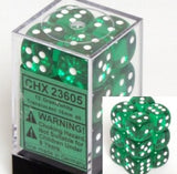 CHX 23605 Translucent 16mm d6 Green/white Block (12 ) Dice