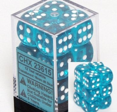 Chessex 23615 Teal with White Translucent Dice-16mm Six Sided Die (12) Block of Dice - The Games Corner