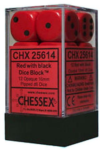 CHX 25614 D6 Dice Opaque 16mm Red/Black (12 Dice in Display)