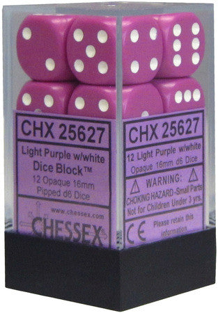 CHX 25627 D6 Dice Opaque 16mm Light Purple/White (12 Dice in Display)
